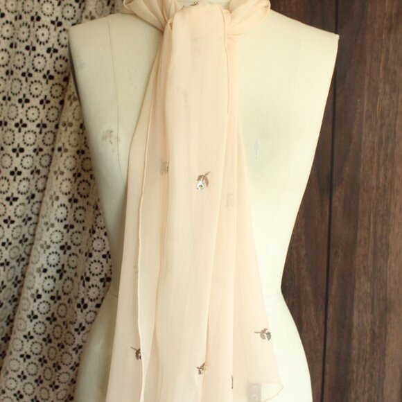 Echo Womens Scarf, Pink Silk Chiffon with Embroidered and Sequin Flowers - Picture 9 of 14